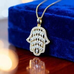Fabulous Moissanite Hamsa Pendant Necklace - 1.42 tcw Sterling Gold Tone 18 in.